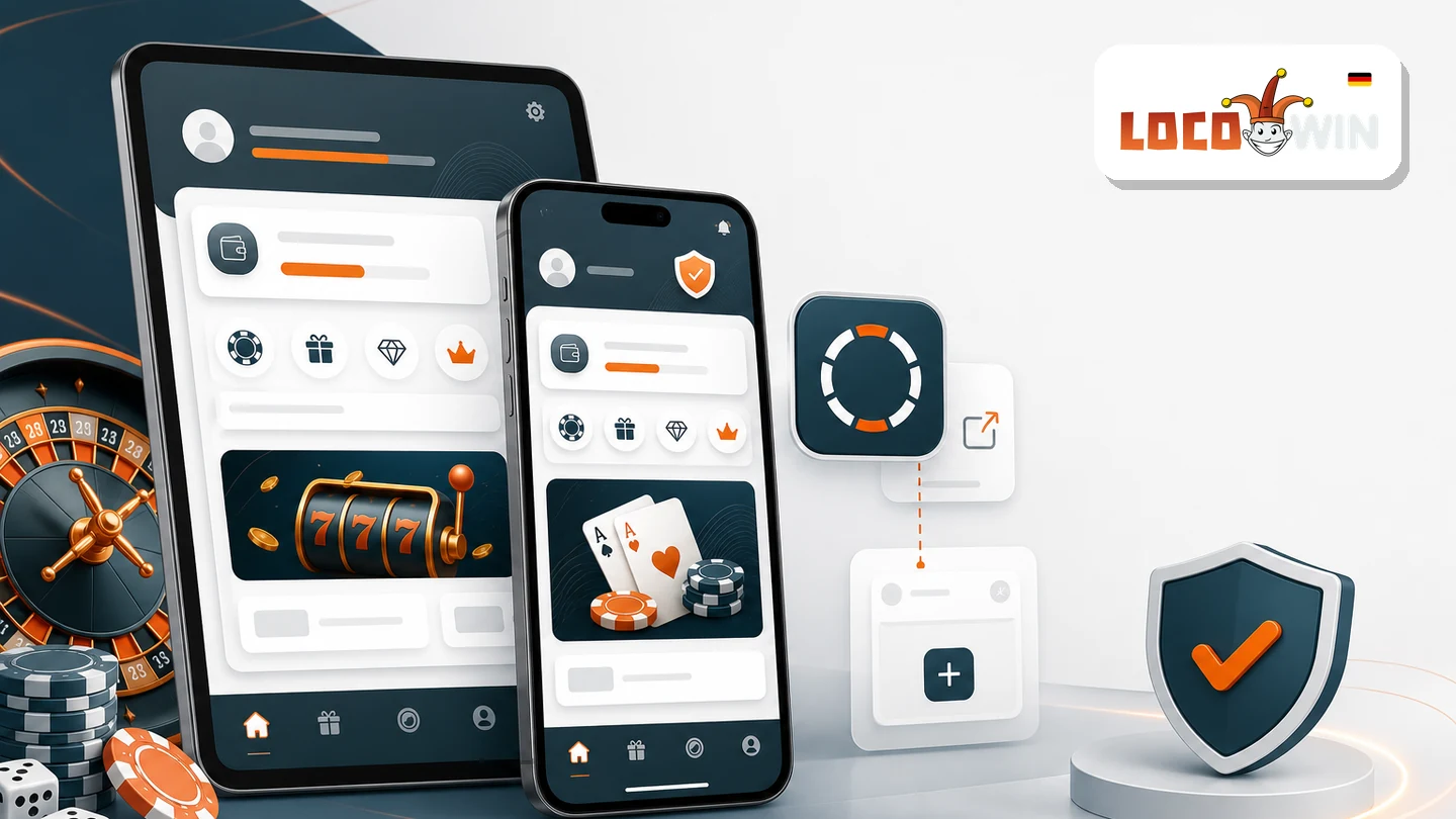 Illustration einer mobilen Locowin App Oberfläche mit Smartphone, Tablet und sicherer Kontoansicht
