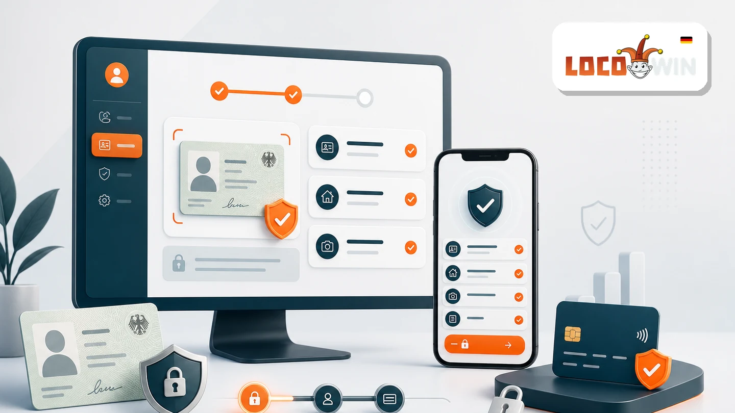 Illustration zur Locowin KYC-Verifizierung mit Konto-Checkliste und Ausweisdokument